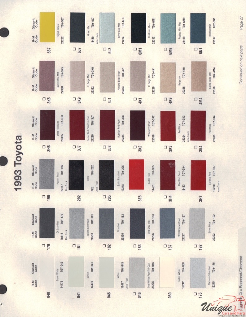 1993 Toyota Paint Charts RM 1